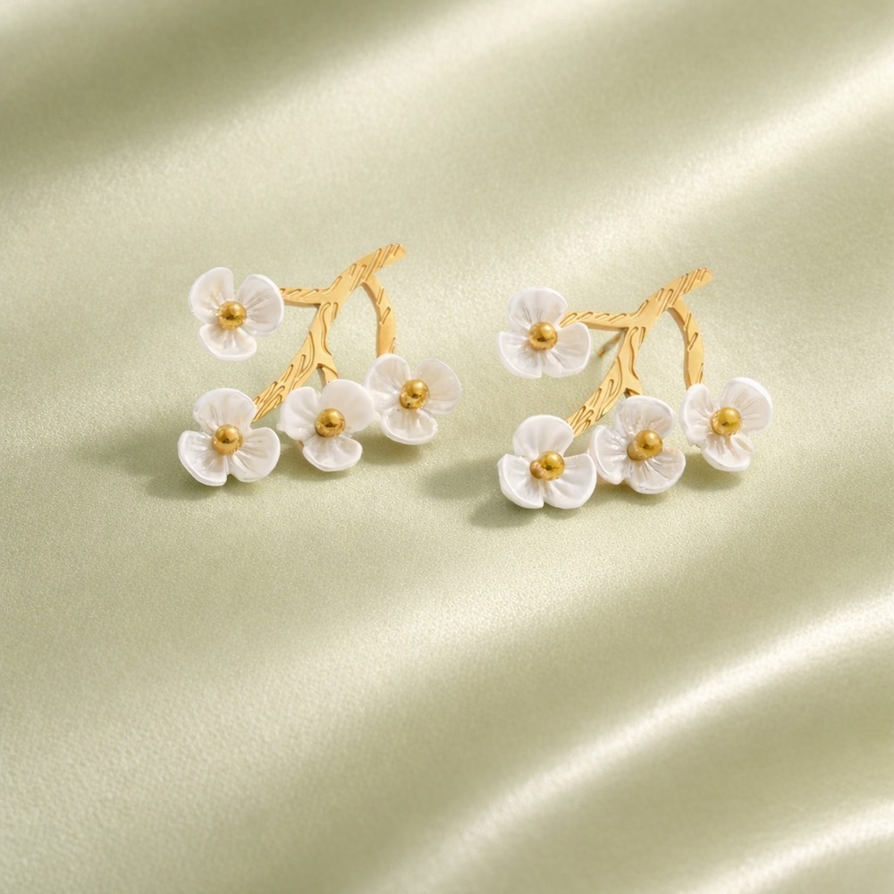 Delicate Cherry Blossom Gold Statement Earrings